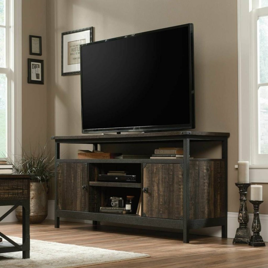 Sauder Carbon Oak TV Stand for 65" TVs - Industrial Steel River Credenza with Wood Doors