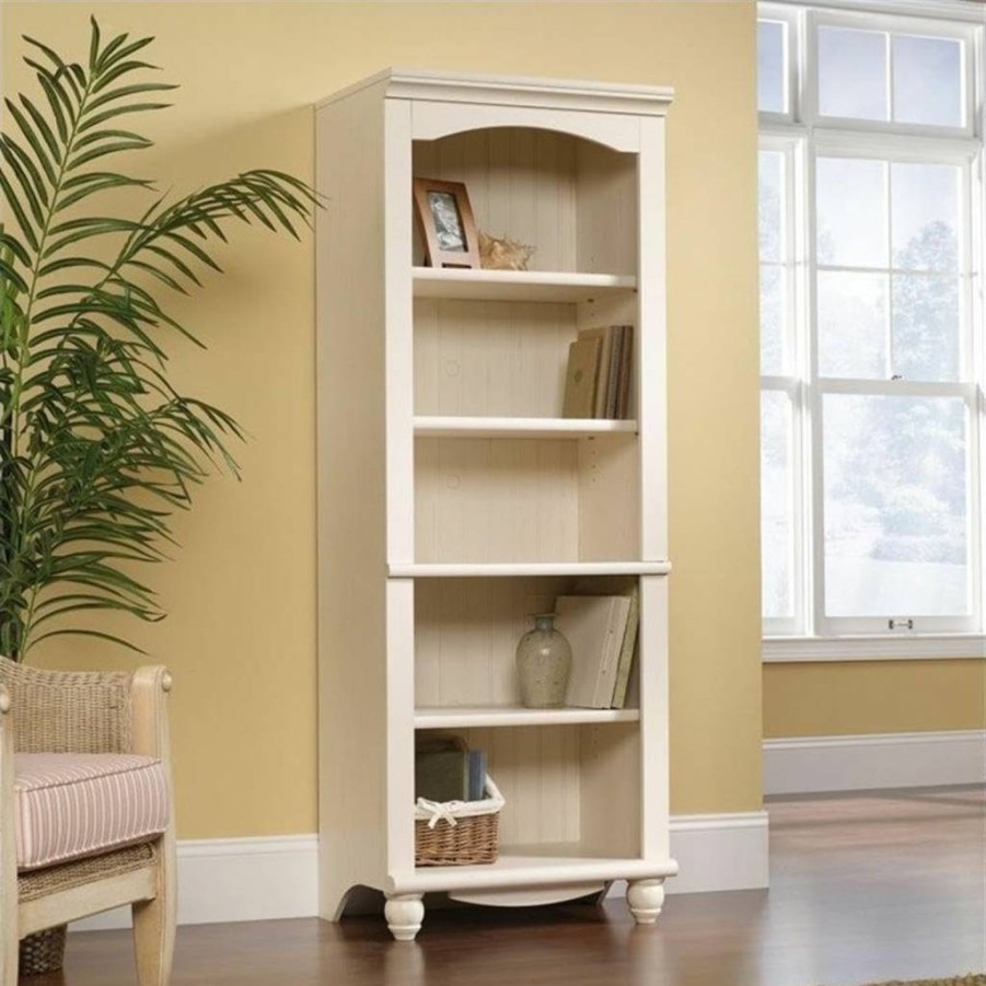 Sauder Antiqued White Harbor View Library Bookcase, 27.21" Width x 17.48" Depth x 72.24" Height, Storage Shelf for Home Office