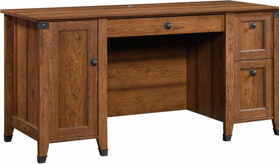 Sauder Carson Forge Rustic Vintage 59-inch Computer Desk with Storage Drawers in Washington Cherry Finish