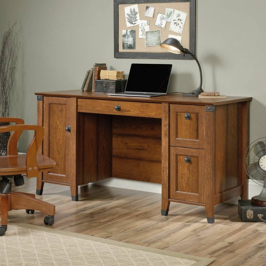 Sauder Carson Forge Rustic Vintage 59-inch Computer Desk with Storage Drawers in Washington Cherry Finish
