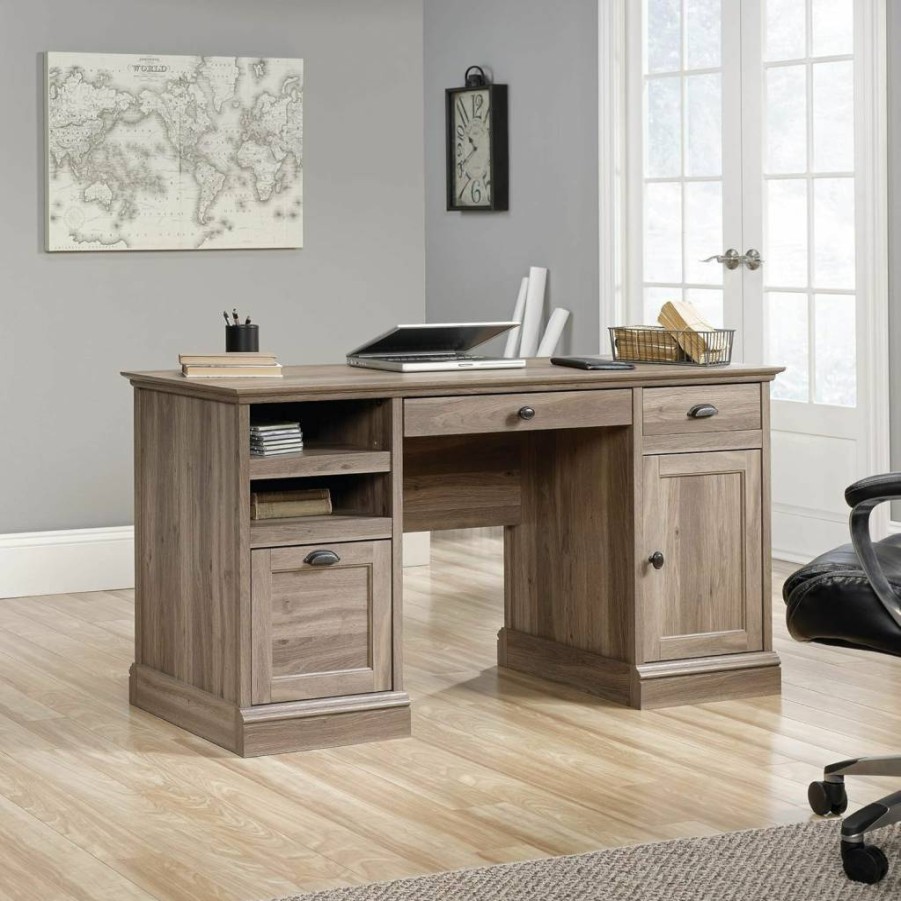 Sauder Barrister Lane Executive Desk 59.06" W x 21.18" D x 29.8" H, Iron Oak Finish, Home Office Furniture