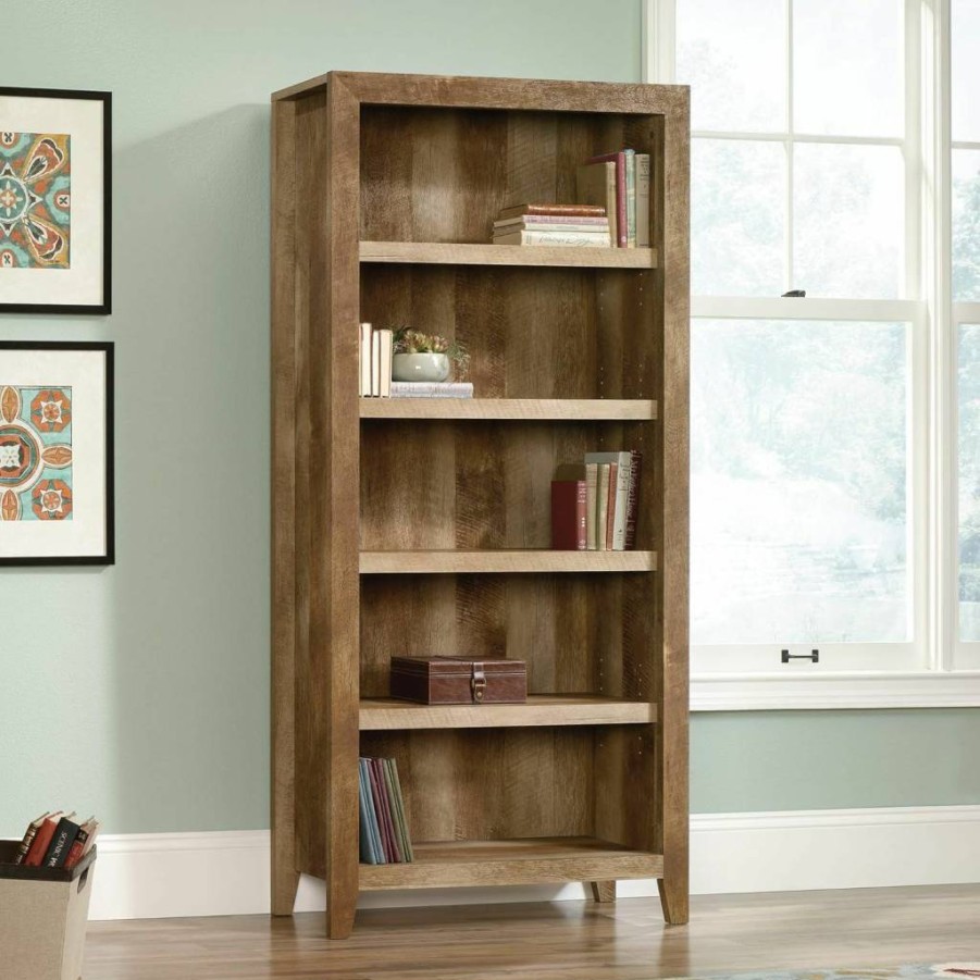 Sauder Dakota Pass 5-Shelf Rustic Bookcase, 33.78" Length x 12.52" Width x 71.10" Height, Char Pine Wood Storage Shelf for Home & Office