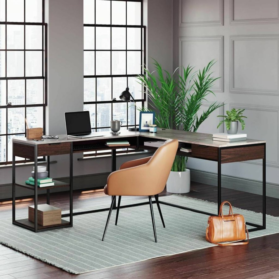 Sauder Modern L-Shaped Desk with Umber Wood Finish - International Lux Design for Home Office
