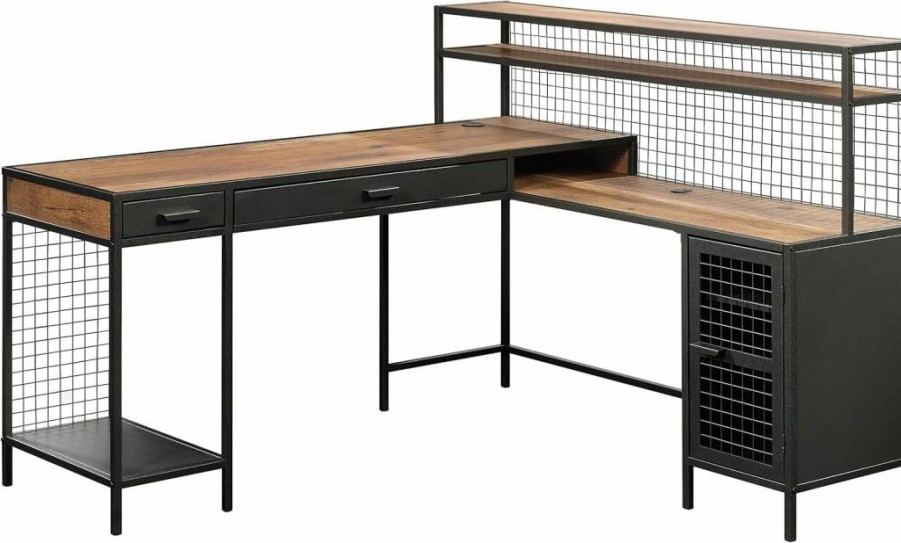 Sauder Vintage Oak L-Shaped Desk for Home Office | Boulevard Cafe Computer Workstation