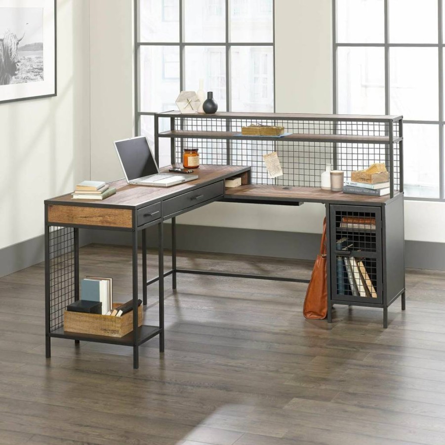 Sauder Vintage Oak L-Shaped Desk for Home Office | Boulevard Cafe Computer Workstation
