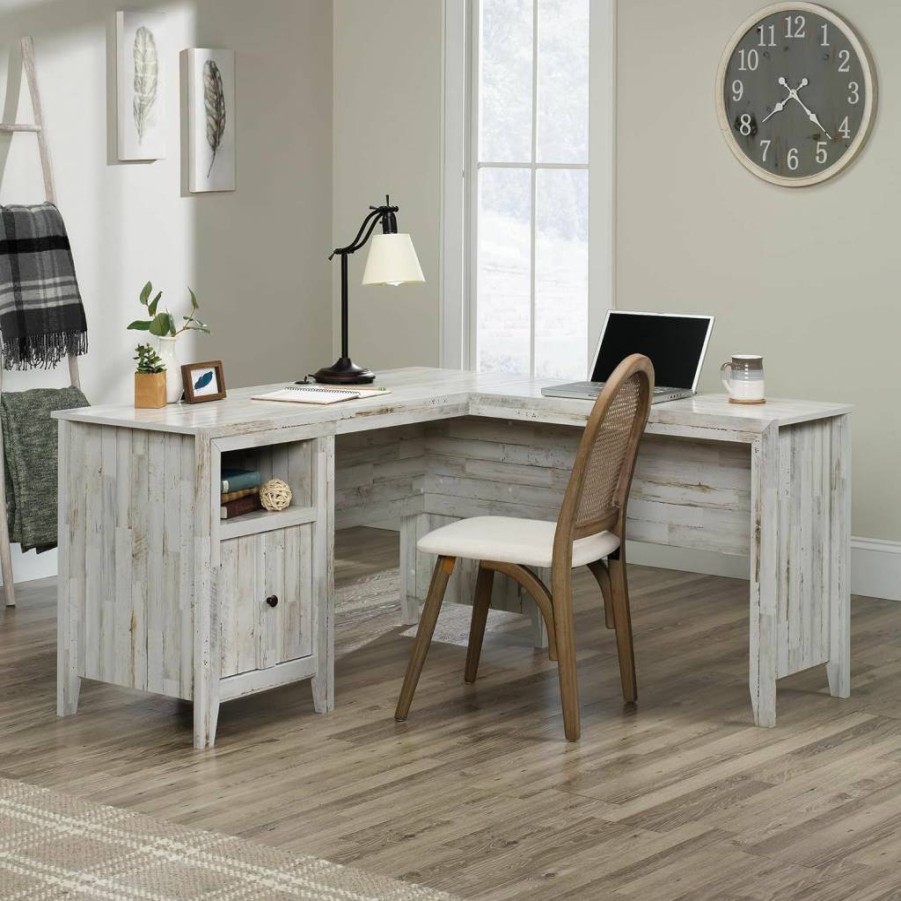 Sauder Dakota Pass White L-Shaped Desk with Plank Finish - Stylish Home Office Furniture