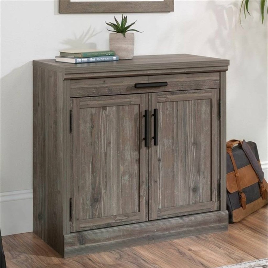 Sauder Aspen Prime Oak Finish Library Base with Post Door and Utility Stand for Home Office Storage