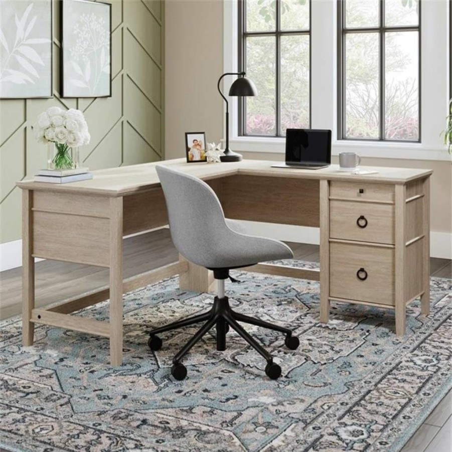 Sauder East Adara L-Shaped Desk Engineered Wood in Cascade Oak Finish - Modern Home Office Furniture
