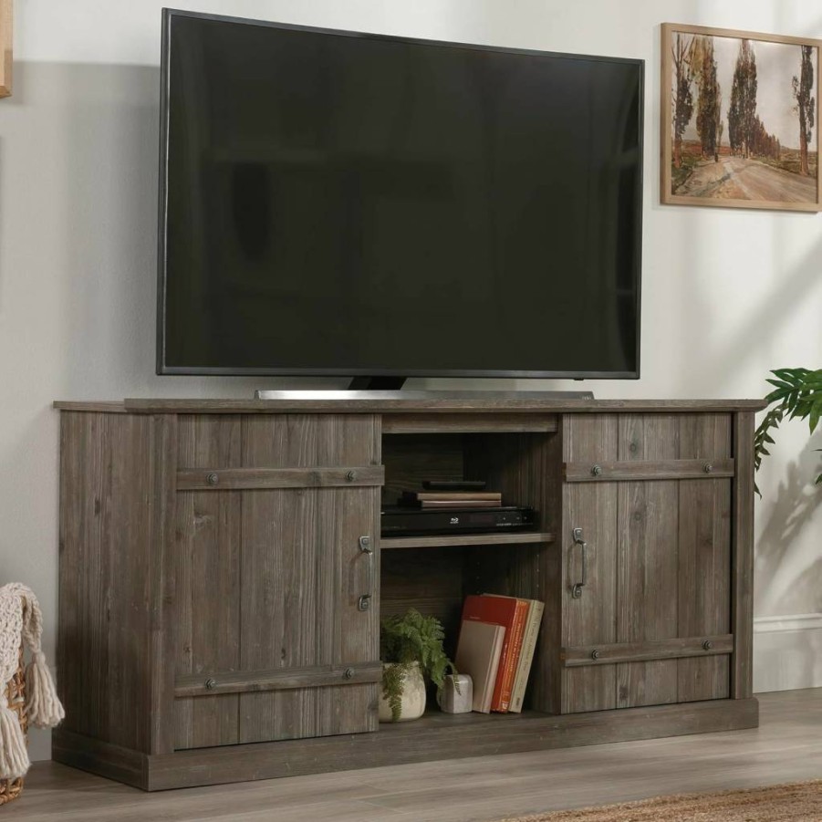 Sauder Farmhouse TV Stand for 70-Inch TVs, Soft White Finish, Rustic Entertainment Center with Storage