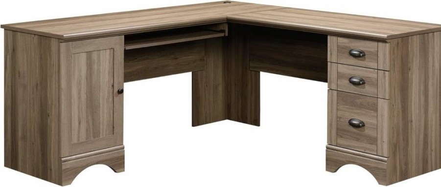 Sauder Salt Oak Finish Corner Computer Desk - Harbor View Style Workspace for Home Office