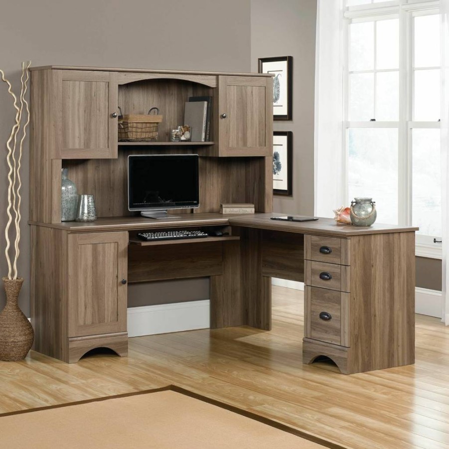 Sauder Salt Oak Finish Corner Computer Desk - Harbor View Style Workspace for Home Office