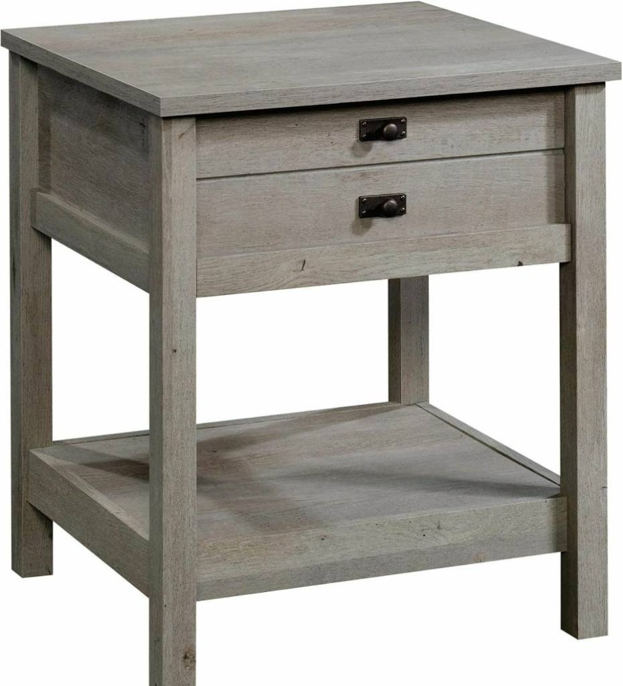 Sauder Cottage Road Nightstand - Farmhouse Style Bedside Table with Oak Top in Soft White Finish