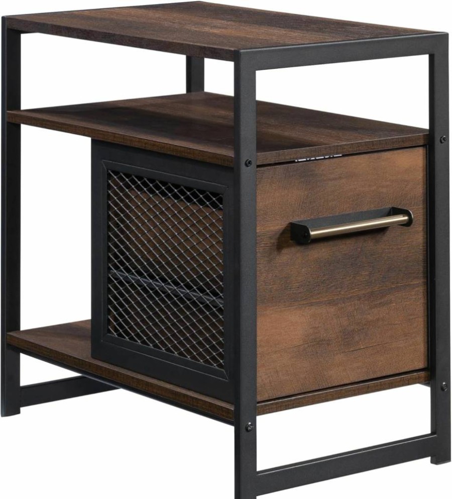 Sauder Briarbrook Oak Finish Small Side Table with Storage Drawer | Compact Barrel Design Bedside or Living Room Accent Table