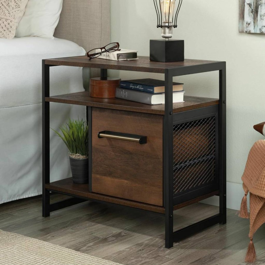 Sauder Briarbrook Oak Finish Small Side Table with Storage Drawer | Compact Barrel Design Bedside or Living Room Accent Table