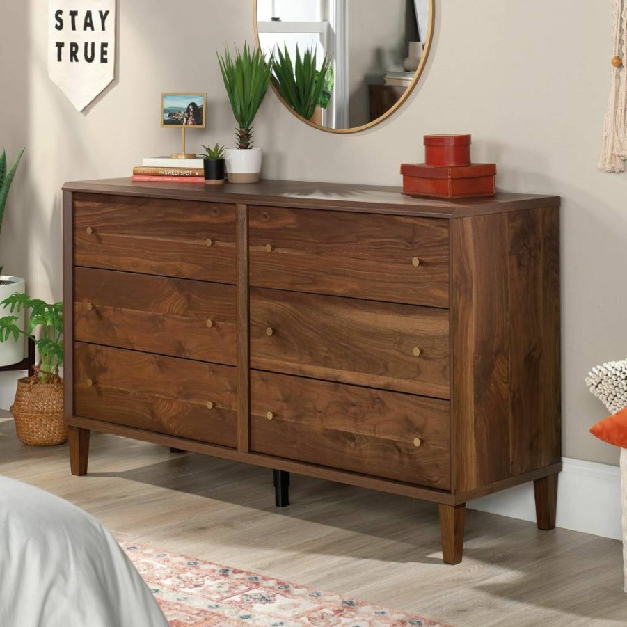 Sauder Willow Place 6-Drawer Dresser in Grand Walnut Finish - Stylish Wooden Bedroom Storage