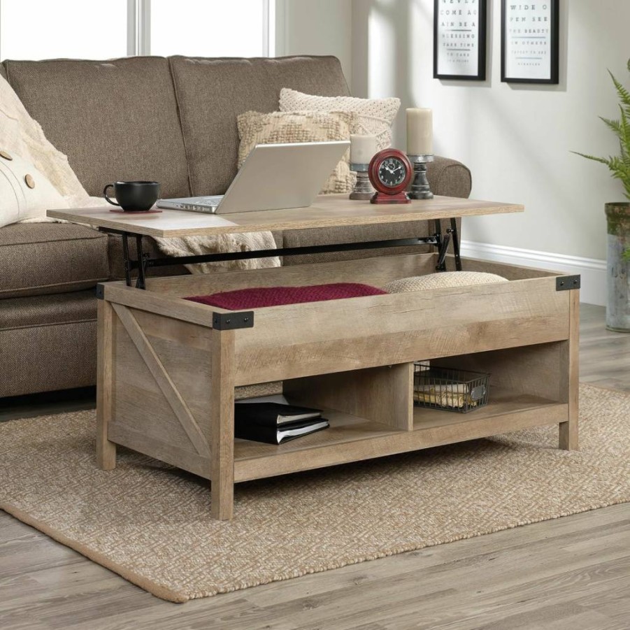 Sauder Bridge Acre Lift Top Coffee Table with Storage in Lintel Oak Finish - Space-Saving Lift-Top Design