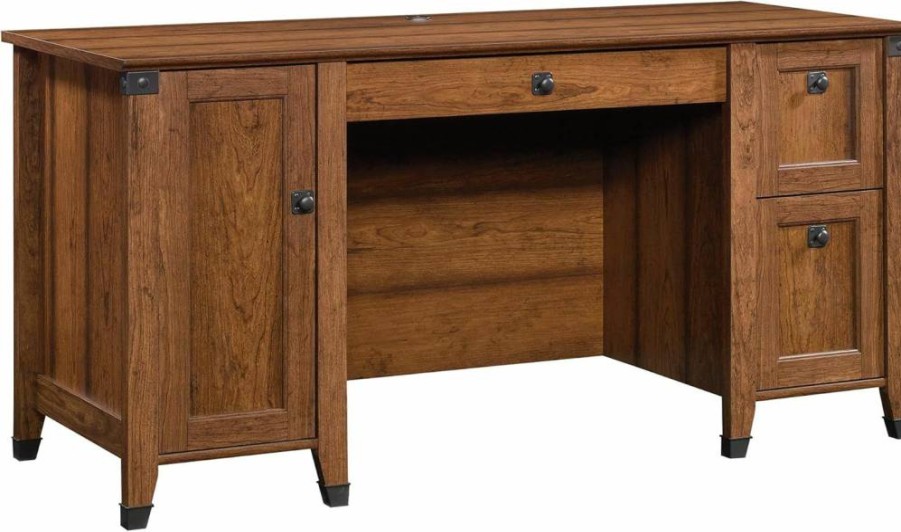 Sauder Carson Forge Rustic Vintage 59-inch Computer Desk with Storage Drawers, Coffee Oak Finish, 23.47" W x 29.53" H, Home Office Writing Table