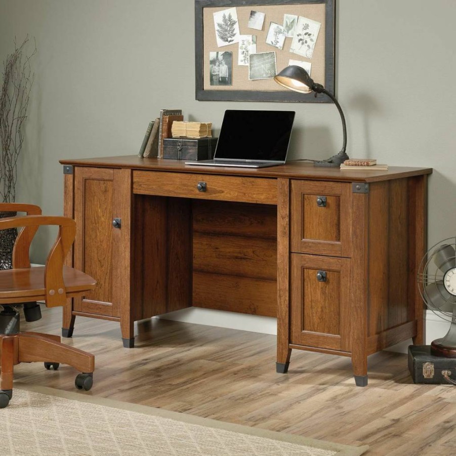 Sauder Carson Forge Rustic Vintage 59-inch Computer Desk with Storage Drawers, Coffee Oak Finish, 23.47" W x 29.53" H, Home Office Writing Table