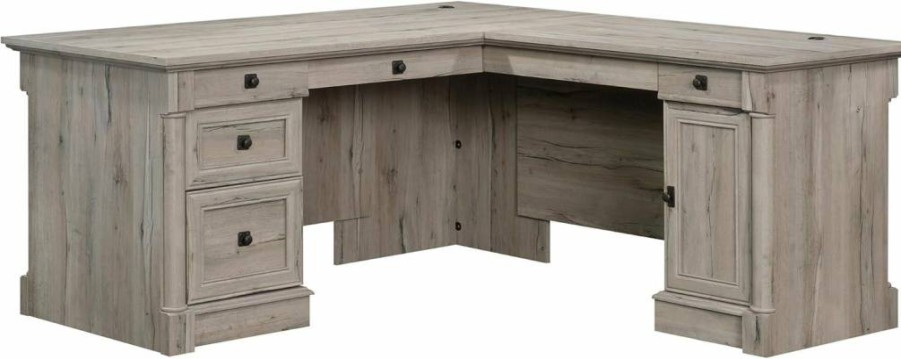 Sauder Palladia L-Shaped Office Desk with Drawers, File Storage, Cable Management, Keyboard Tray - 68.74" Length, 65.12" Width, 29.61" Height - Select Cherry Finish