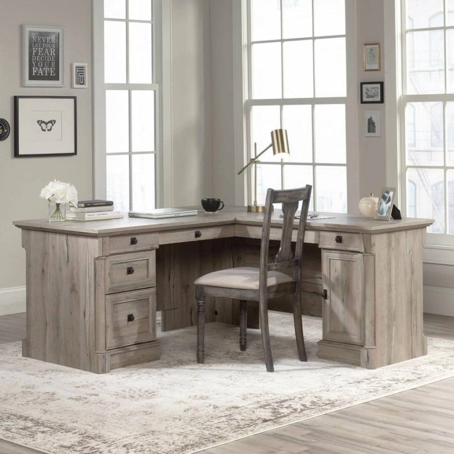 Sauder Palladia L-Shaped Office Desk with Drawers, File Storage, Cable Management, Keyboard Tray - 68.74" Length, 65.12" Width, 29.61" Height - Select Cherry Finish