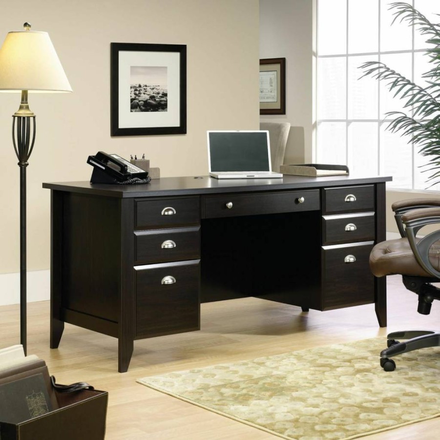 Sauder Shoal Creek Executive Desk 65.1" Wide, Jamocha Wood Finish, Home Office Writing Desk with Storage