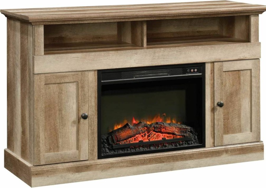 Sauder Cannery Bridge TV Stand with Fireplace for 60 Inch TVs in Lintel Oak Finish - Media Console with Electric Fireplace