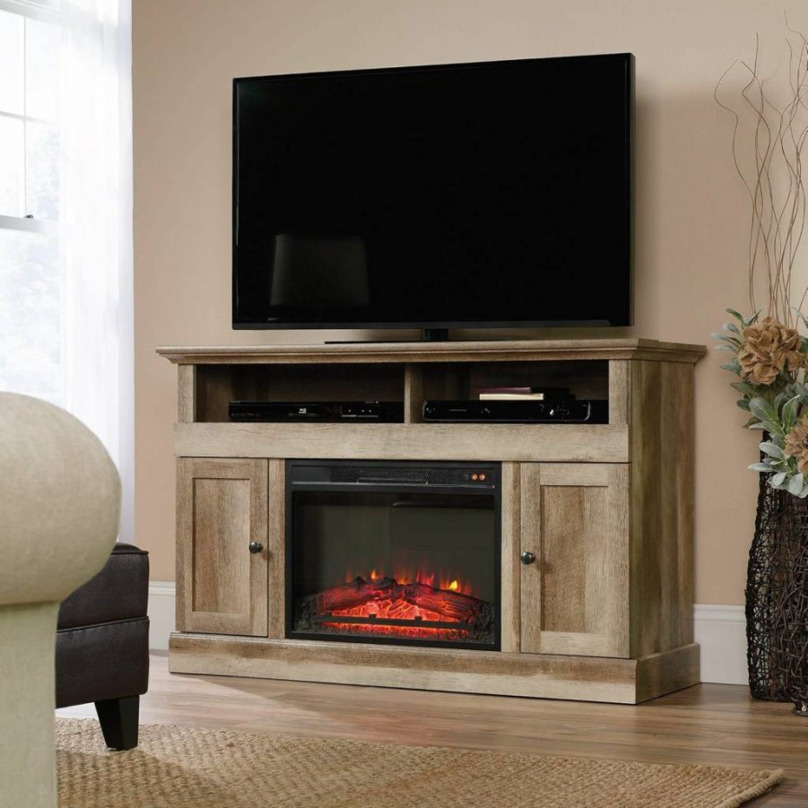 Sauder Cannery Bridge TV Stand with Fireplace for 60 Inch TVs in Lintel Oak Finish - Media Console with Electric Fireplace