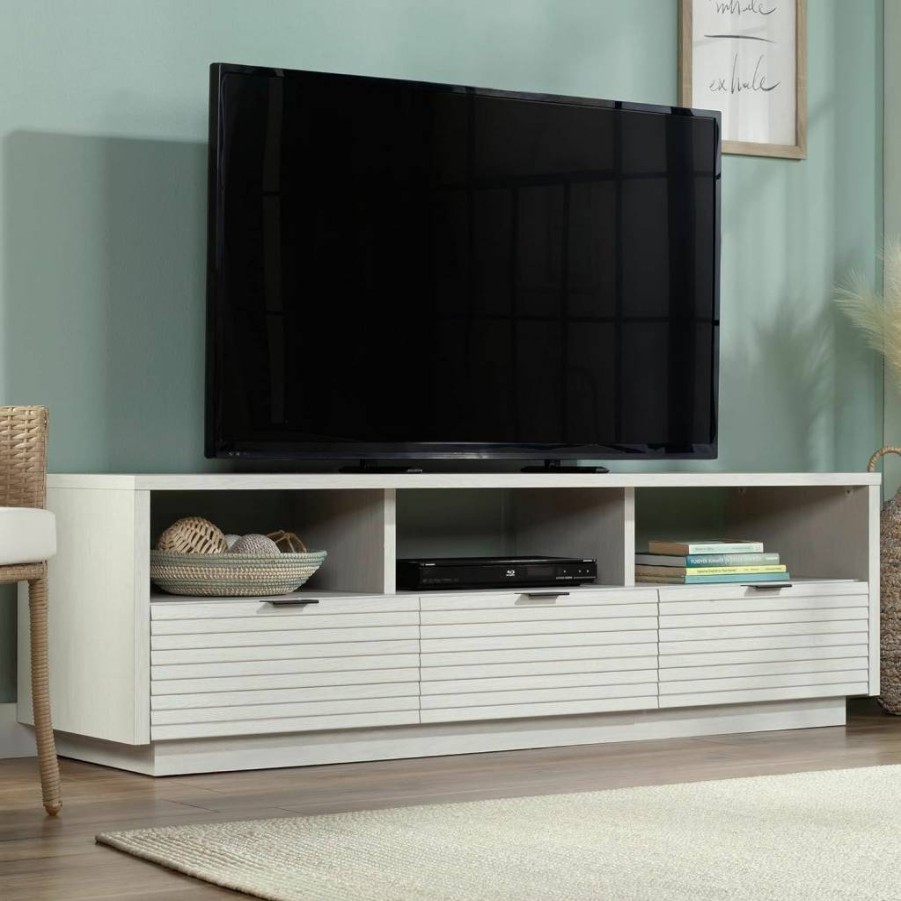 Sauder Harvey Park Modern TV Stand for Living Room, Raven Oak Media Console with Storage Drawers and Shelves, Credenza Cabinet