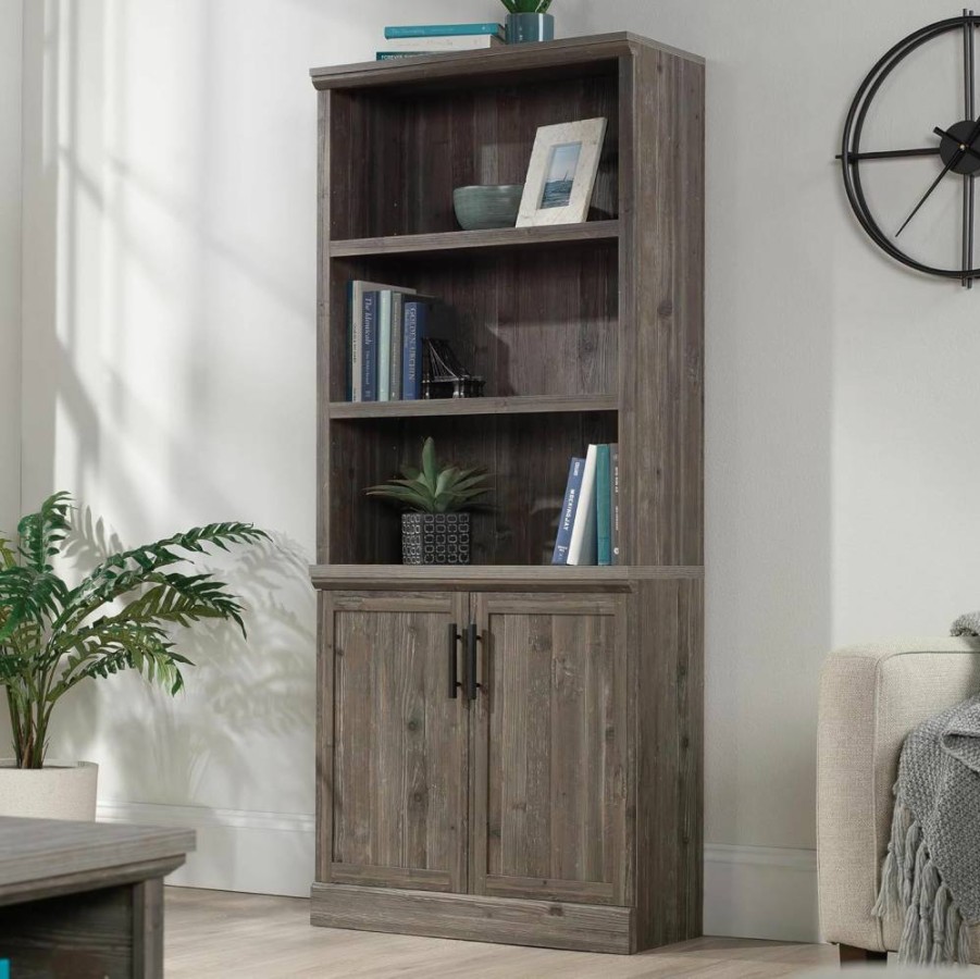 Sauder Aspen Wood Bookcase with Doors in Pebble Pine Finish - Stylish Storage Cabinet for Home Office