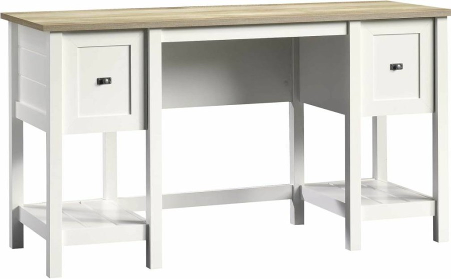 Sauder Cottage Road Small Computer Desk with Storage - Soft White Finish & Decorative Tile Pattern, Compact Study Desk with Drawers and Shelves
