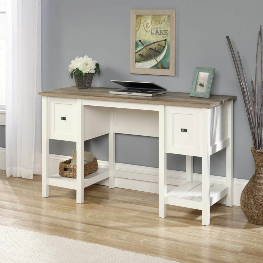 Sauder Cottage Road Small Computer Desk with Storage - Soft White Finish & Decorative Tile Pattern, Compact Study Desk with Drawers and Shelves