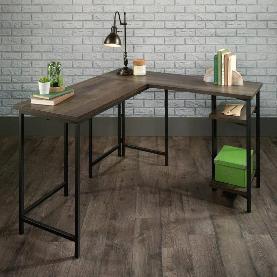 Sauder Smoked Oak L-Shaped Desk - North Avenue Home Office Workstation