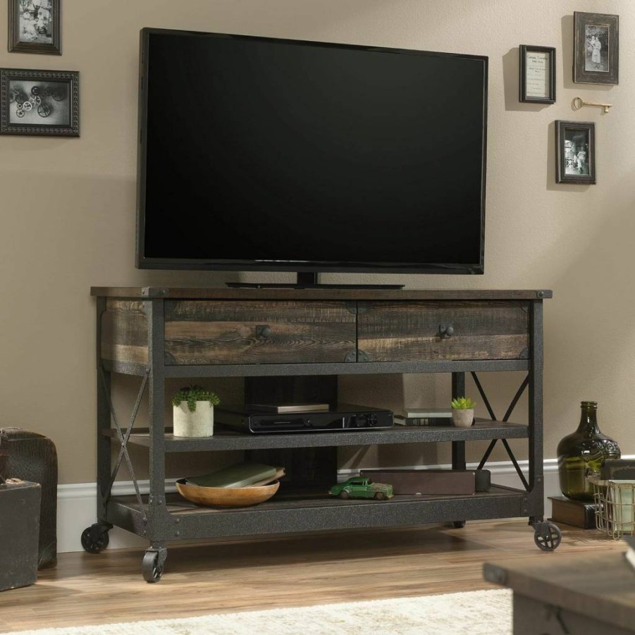 Sauder Carbon Oak TV Stand for Up to 52 Inch TVs – Steel River Entertainment Center with Sturdy Design