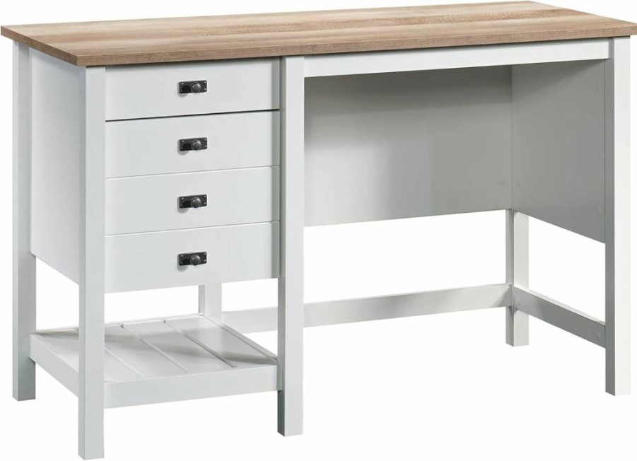 Sauder Soft White Cottage Road Coastal Single Pedestal Desk with Storage - Modern Writing Desk for Home Office