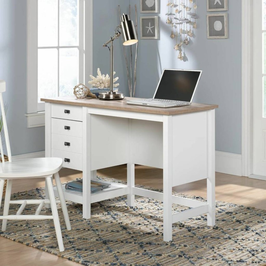 Sauder Soft White Cottage Road Coastal Single Pedestal Desk with Storage - Modern Writing Desk for Home Office