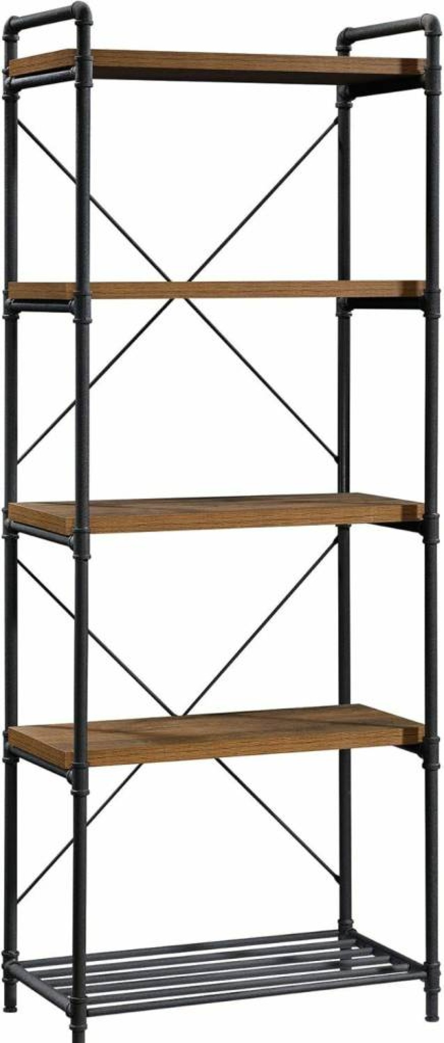 Sauder Iron City Tall Bookcase - 5-Shelf Oak Finish Wood Book Shelf for Home Office Storage