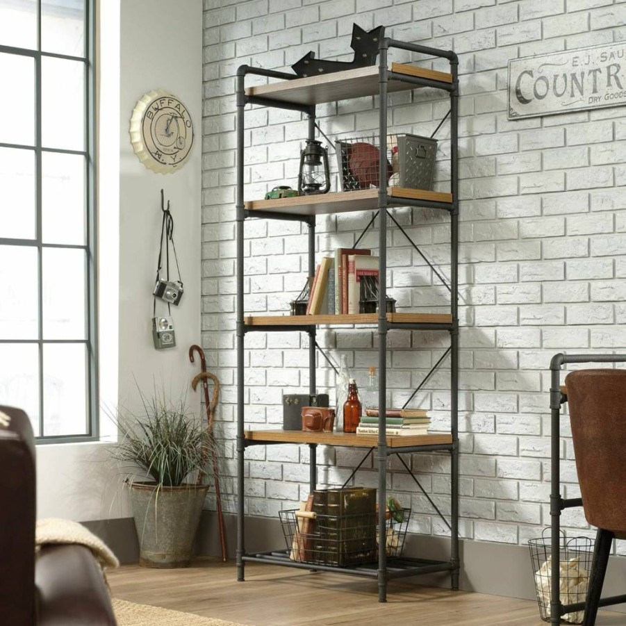 Sauder Iron City Tall Bookcase - 5-Shelf Oak Finish Wood Book Shelf for Home Office Storage