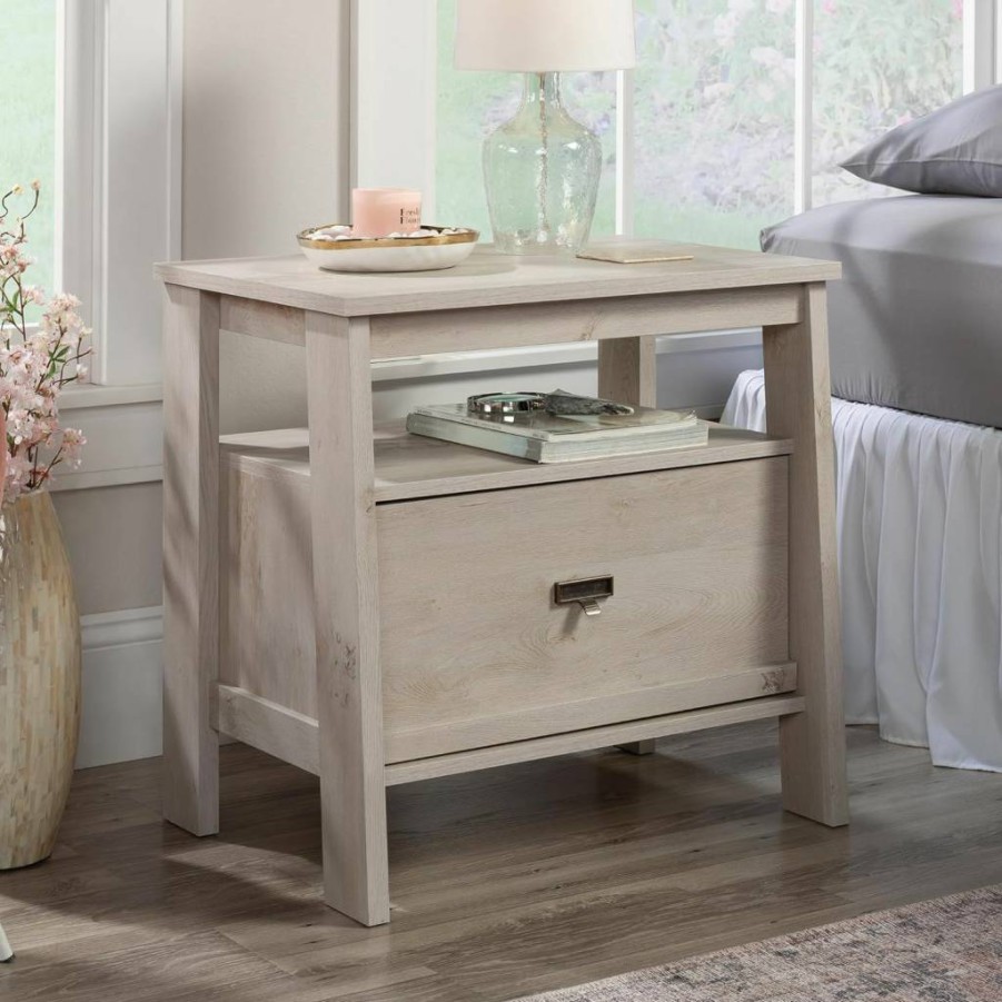 Sauder Trestle Night Stand with Storage - 26.38" Wide Bedside Table in Raven Oak Finish for Bedroom