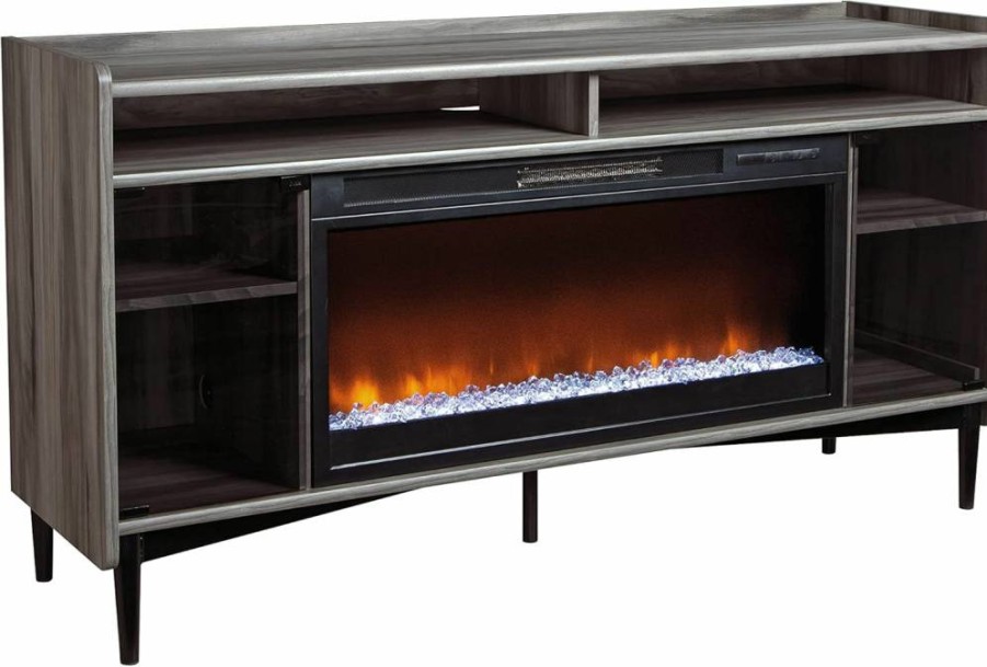 Sauder Harvey Park 60" Fireplace TV Stand with Glass Doors in Jet Acacia Finish - Stylish Media Console for Living Room