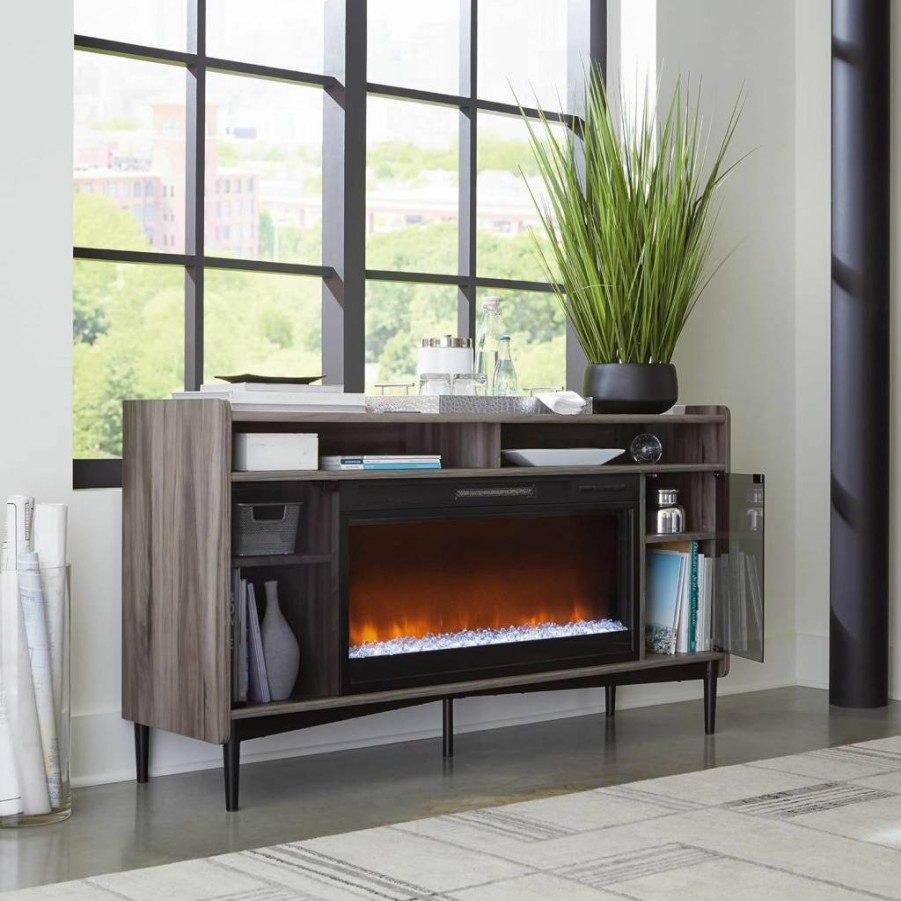 Sauder Harvey Park 60" Fireplace TV Stand with Glass Doors in Jet Acacia Finish - Stylish Media Console for Living Room