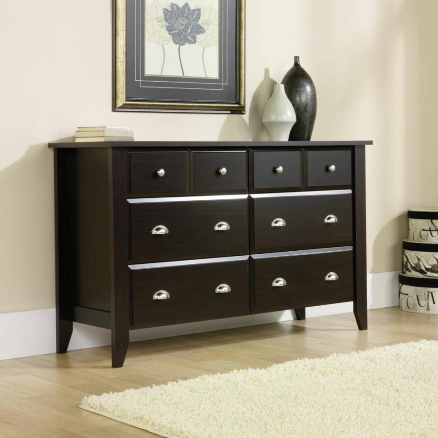 Sauder Shoal Creek 6-Drawer Dresser in Oiled Oak Finish, 60" Wide Bedroom Chest of Drawers, 35.04" Height x 16.73" Depth