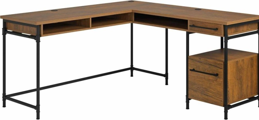 Sauder Iron City L-Shaped Desk with Checked Oak Finish - Modern Home Office Furniture