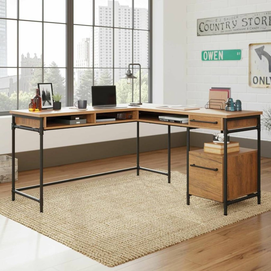 Sauder Iron City L-Shaped Desk with Checked Oak Finish - Modern Home Office Furniture