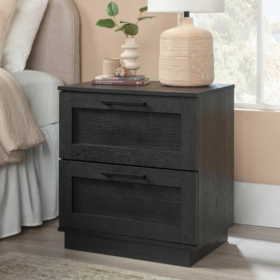 Sauder Tiffin Night Stand, Raven Oak Finish, 23.47" Length x 15.75" Width x 24.69" Height, Bedside Table with Storage