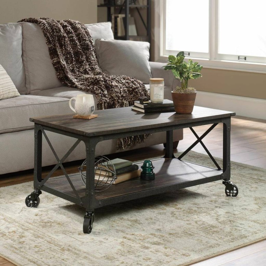 Sauder Carbon Oak Finish Steel River Coffee Table - Modern Living Room Furniture