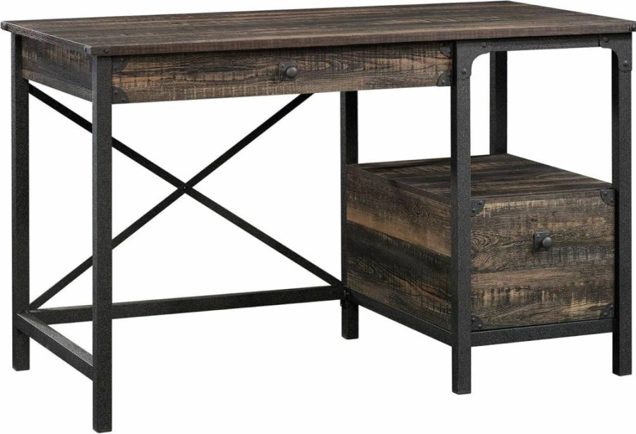 Sauder Industrial Office Desk - Steel River Series with Two Drawers, Open Shelf, Carbon Oak Finish for Modern Workspace