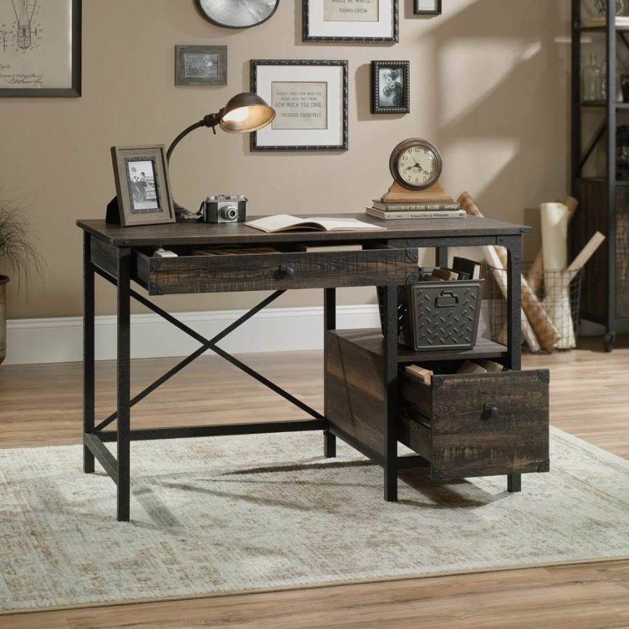 Sauder Industrial Office Desk - Steel River Series with Two Drawers, Open Shelf, Carbon Oak Finish for Modern Workspace