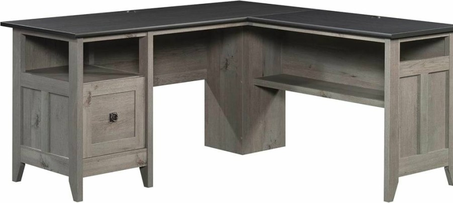 Sauder August Hill Farmhouse L-Shaped Corner Desk with File Drawer & Cable Management in Mystic Oak Finish - Home Office Furniture