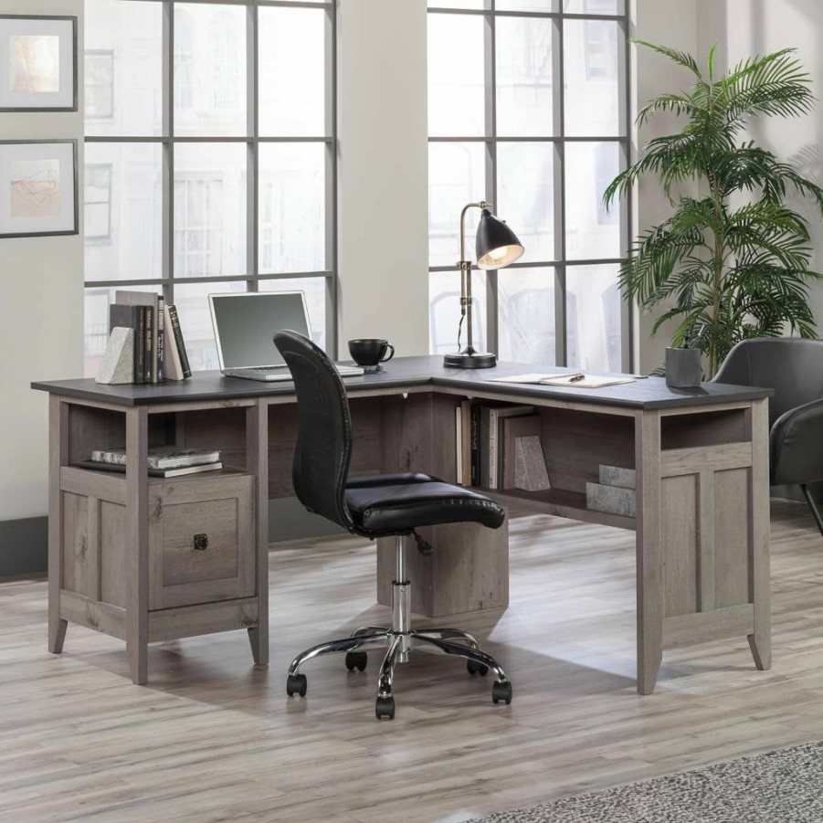 Sauder August Hill Farmhouse L-Shaped Corner Desk with File Drawer & Cable Management in Mystic Oak Finish - Home Office Furniture