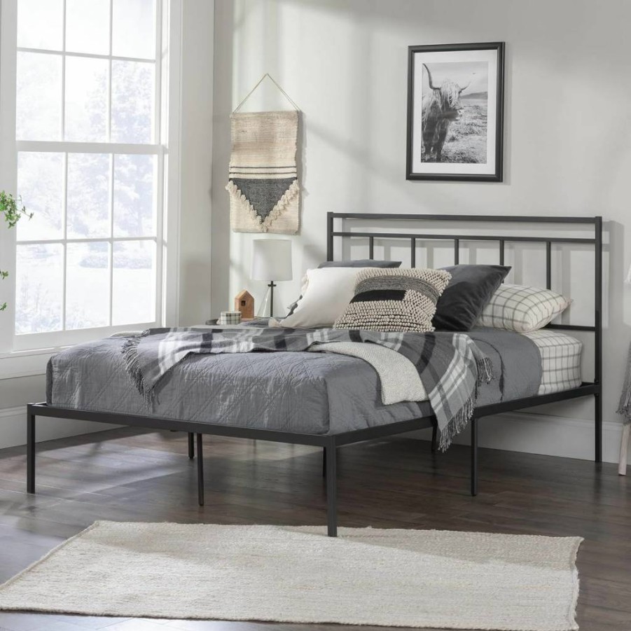Sauder Cannery Bridge Queen Size Platform Bed with Black Finish - Sturdy Modern Bed Frame for Bedroom